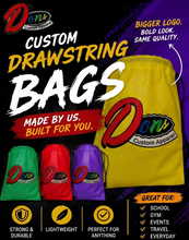 Load image into Gallery viewer, Promotional graphic for custom drawstring bags by Don's Custom Apparel, showing a large yellow bag on the right and smaller bags in green, red, and purple on the left. The design includes multiple text callouts, color swatches, and pricing information on a dark purple background.