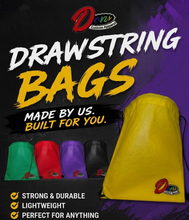 Load image into Gallery viewer, Promotional graphic for Davis Custom Apparel drawstring bags, featuring a large yellow drawstring bag on the right and smaller color options in green, red, purple, and black on the left. The design includes text highlighting product features and availability in many colors.