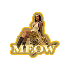 Load image into Gallery viewer, Stylized image of a woman with a leopard and 'MEOW' text on a white background