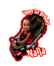 Load image into Gallery viewer, Child in a stroller with 'Happy 1st Birthday Naija' text on a white background