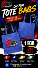Load image into Gallery viewer, Custom blue tote bags with a red and white 'Don's Custom Makers' logo, displayed on a dark, highly stylized promotional background with text overlays and pricing information.